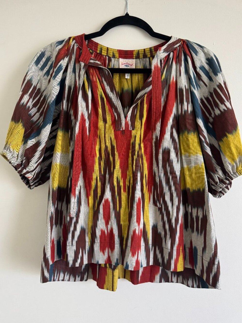 Queen Calliope Ikat Puff Sleeve Tie Neck Blouse Rust Mustard Teal Boho S-M